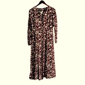 Vintage J Crew Burgundy Cream Floral Peasant Midi Dress Sz 6 Ditsy Prairie L/S